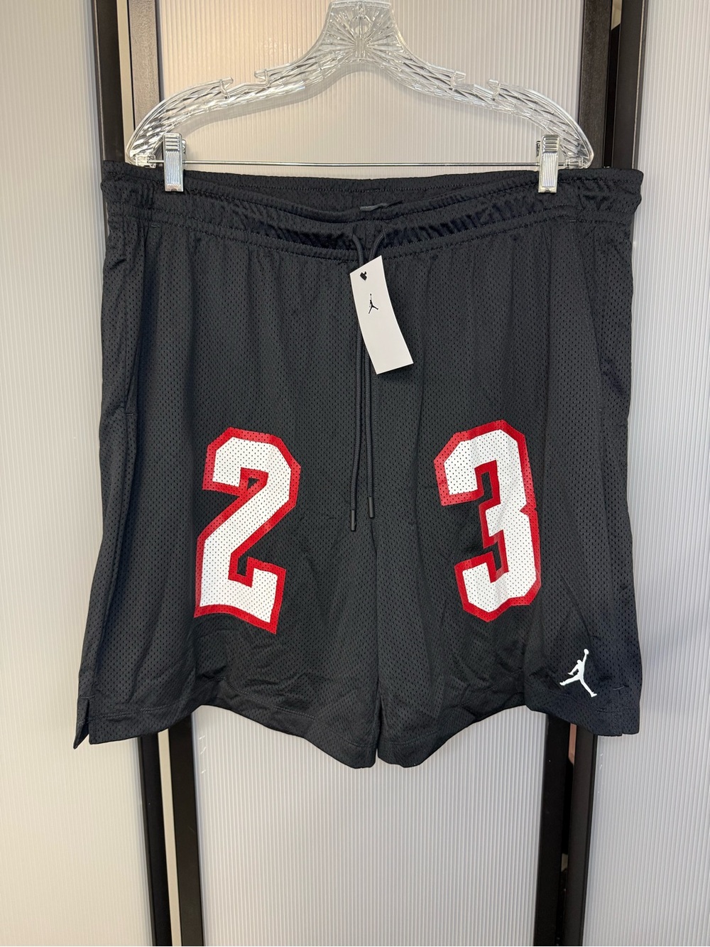 Jordan Men’s Black Mesh Basketball Shorts with Red and White 23